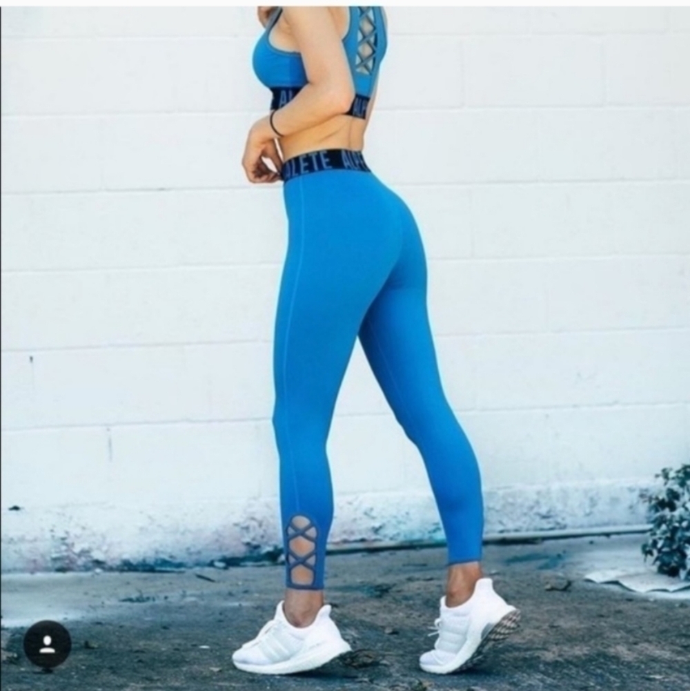 Alphalete Logo Waistband High Rise Leggings Blue Medium